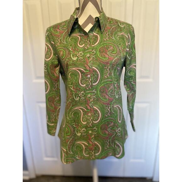 Talbots Woman Petites Bright Green Pink Button-Up Shirt Blouse Size 18WP Paisley - Picture 1 of 7